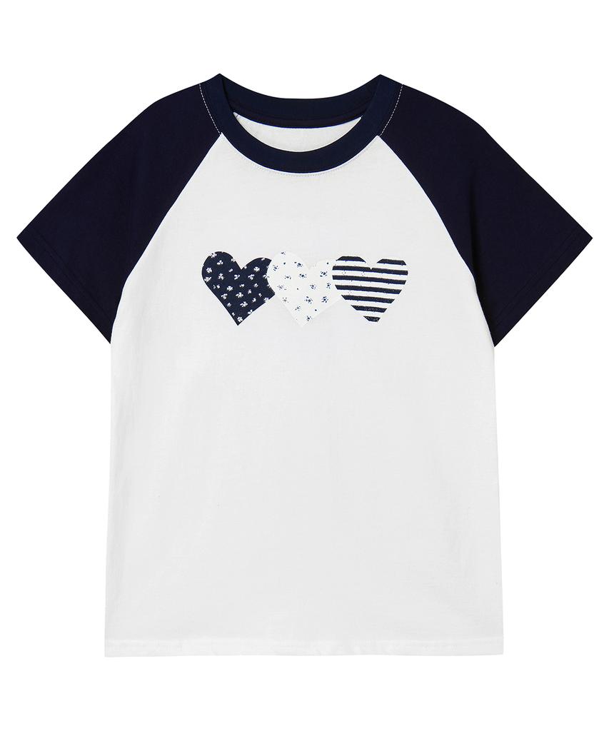 Loginaenloji Heart Printed Cotton Ragian T-Shirt White-Navy