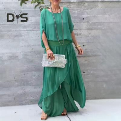 Lässiges zweiteiliges Chiffon-Set für Damen in Übergröße, eleganter Anzug für die Brautmutter, Oberteil mit Rundhalsausschnitt, Hose mit weitem Bein, fließendes Outfit für Hochzeitsgäste