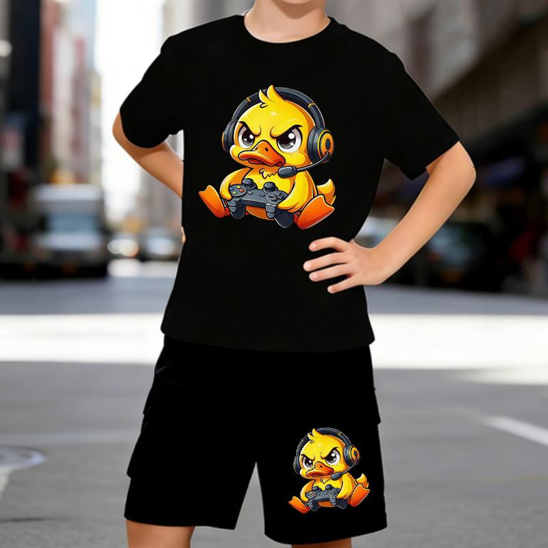 

Boys 2 Piece Angry Little Duck Printed Outfit, Short Sleeve T-Shirt and Shorts Set for Kids Age 5-14,Black and White Sporty Casual Summer Clothes 5-6 Years чёрный