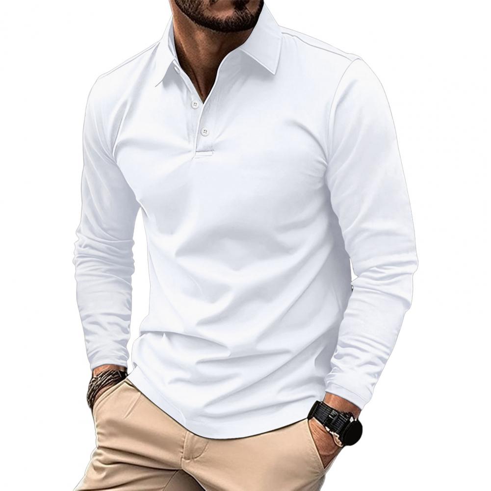 Men Summer Blouse Buttoned Turn-down Collar Pullover Long Sleeves Mid Length Single Color Leisure Business Style Top
