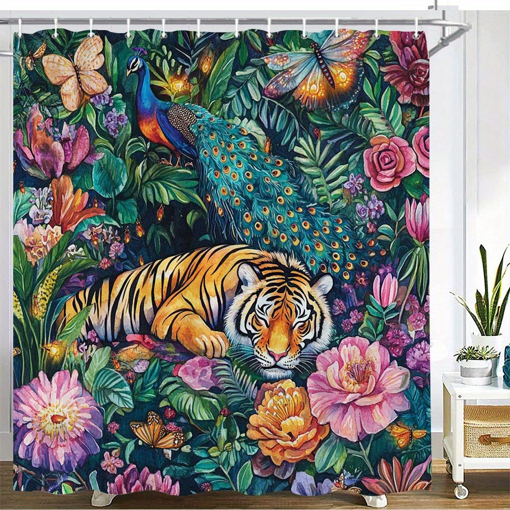 Exotic Tiger & Peacock Waterproof Mildew-Resistant Shower Curtain - Tropical Floral Design for a Luxurious Bathroom Décor