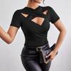 2025 Frühling/Herbst V-Ausschnitt Schlank Sexy Kreuz-Design Ausgeschnitten Kurzarm T-Shirt