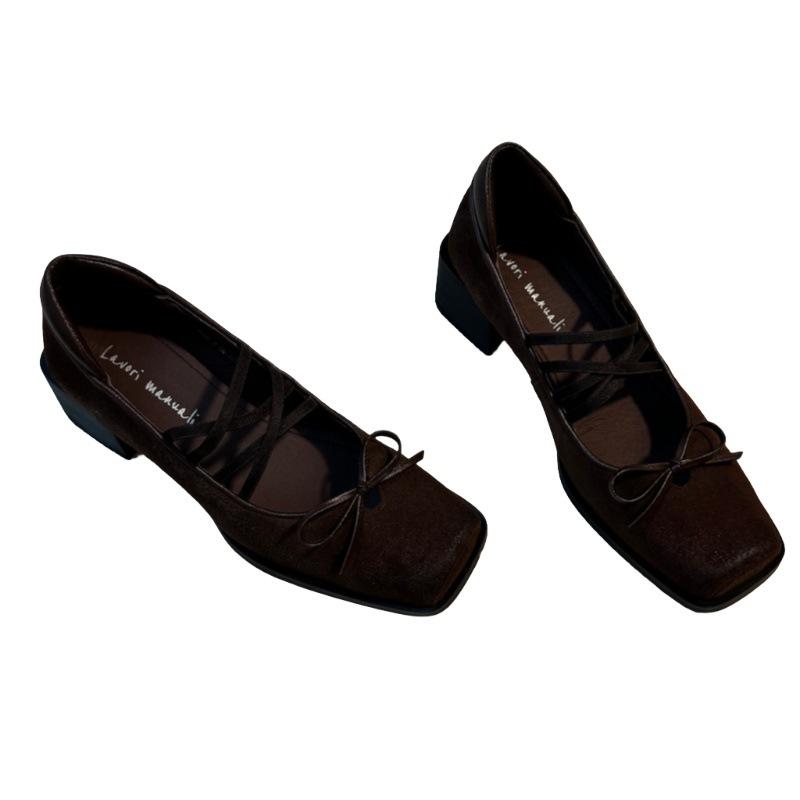"Square Head Ballet" Retro Schleife Mary Jane Einzelne Schuhe 2025 Herbst Neu Kreuz Schnürung Dicke Absätze Damen