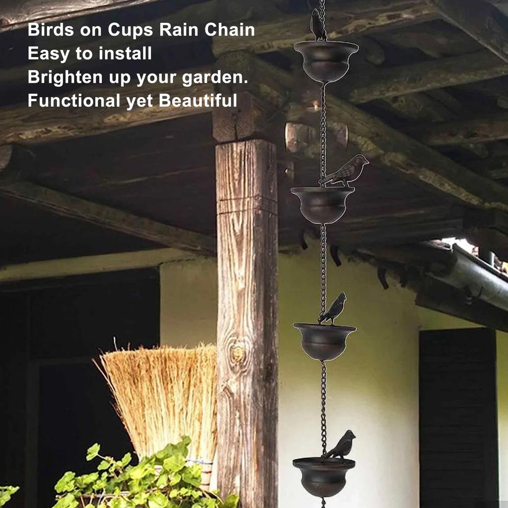 7.9ft Birds On Cup Rain Chain For Gutters Decorative Rain Chimes For Outside Vintage Garden Rainwater Diverter Catcher Chains
