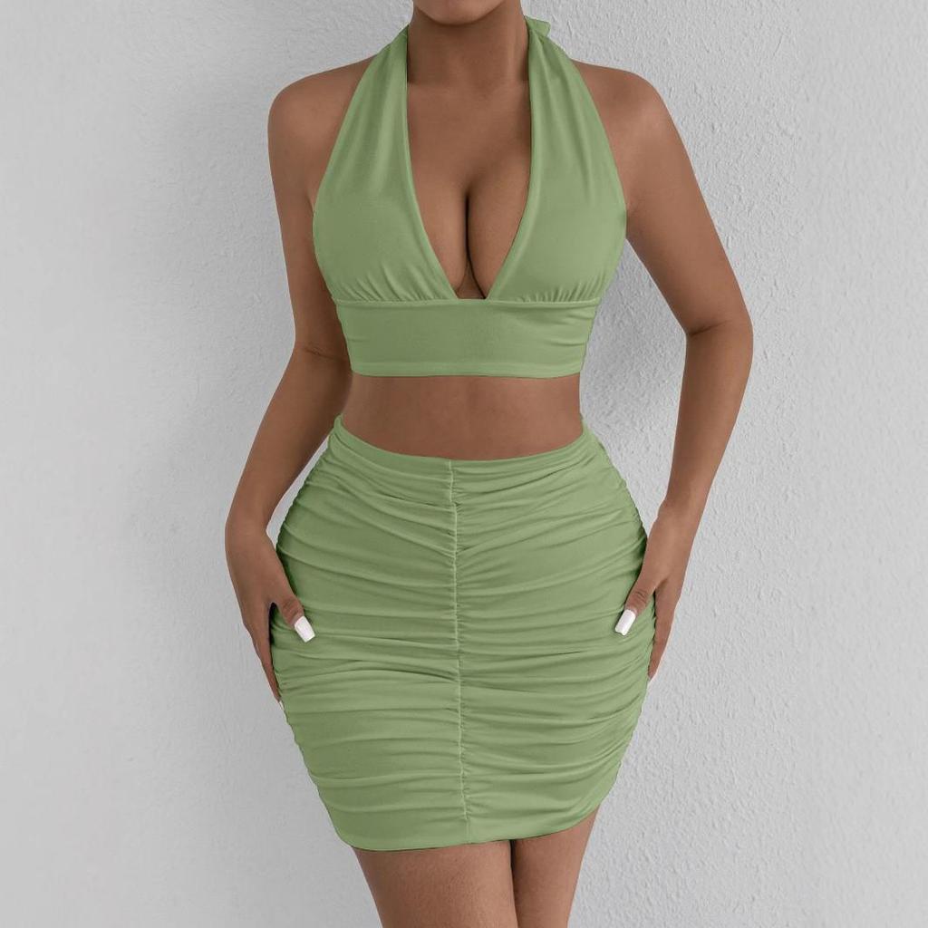 2024 Women's Halter Tie-up Two-Piece Bodycon Set: European and American Style Sexy Ruched V-neck Camisole Dress