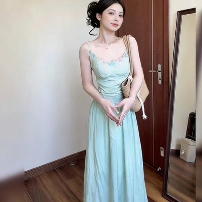 Französisches Schmetterlings-Trägerkleid, Neues Sommerkleid für Damen mit Taillenschnürung, Rückenfreies Design, Einzigartiges Langes Kleid