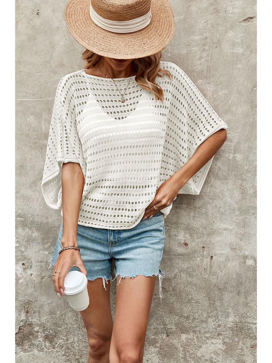 

2025 Spring/Summer Women s Round Neck Hollow Knit Sweater - Short-Sleeved, European & American Style Small кремовый