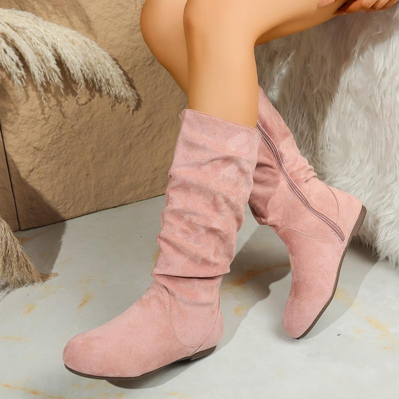 

Бархатные плиссированные ботфорты оверсайз нового стиля женские западные ботинки до середины икры на плоской подошве 41