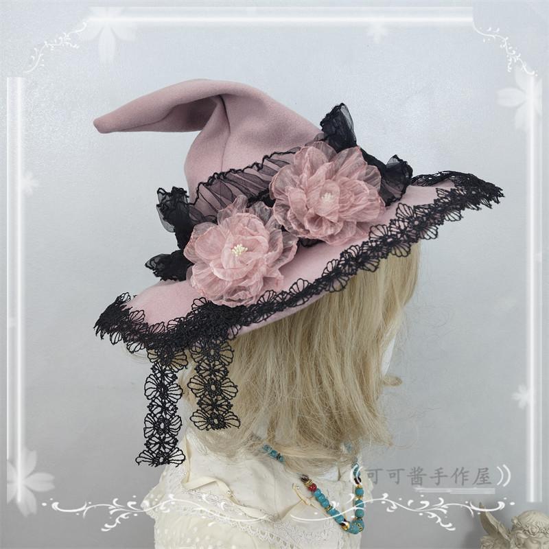 Lolita Goth Rose White Burgundy Hat for Women Multi-color Original Pointed Witch Hat Halloween Wizard Hats