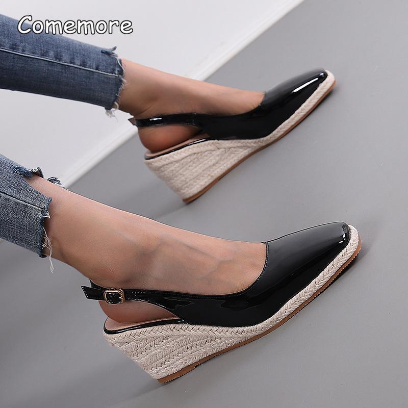 Patent Leather Square Toe Wedge Platforms Sandals Buckle Ankle Straps Women Shoes Comfortable Office Ladies Daily Footwear