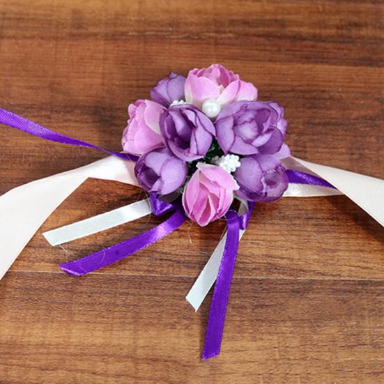 Wrist Flower Vivid Pattern Fake Pearl Ribbon Cloth Pretty Bridal Flower Bracelet for Wedding