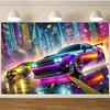 Street Racing Neon-lit Urban Landscape Digital Printing Polyester Wall Tapestry Suitable for Use Living Rooms Bedrooms Offices