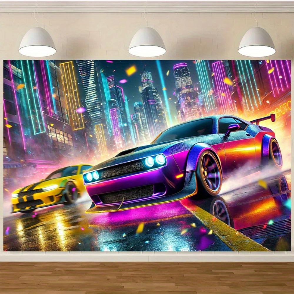 Street Racing Neon-lit Urban Landscape Digital Printing Polyester Wall Tapestry Suitable for Use Living Rooms Bedrooms Offices