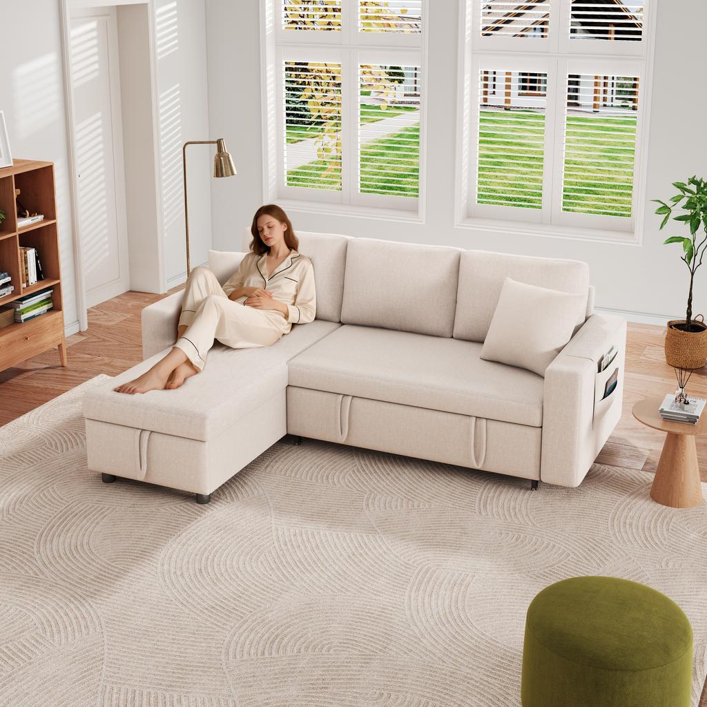 Sofa bed with sleep function, L-shaped sofa, chaise longue with storage space, with pocket storage, left and right interchangeable. Beige.