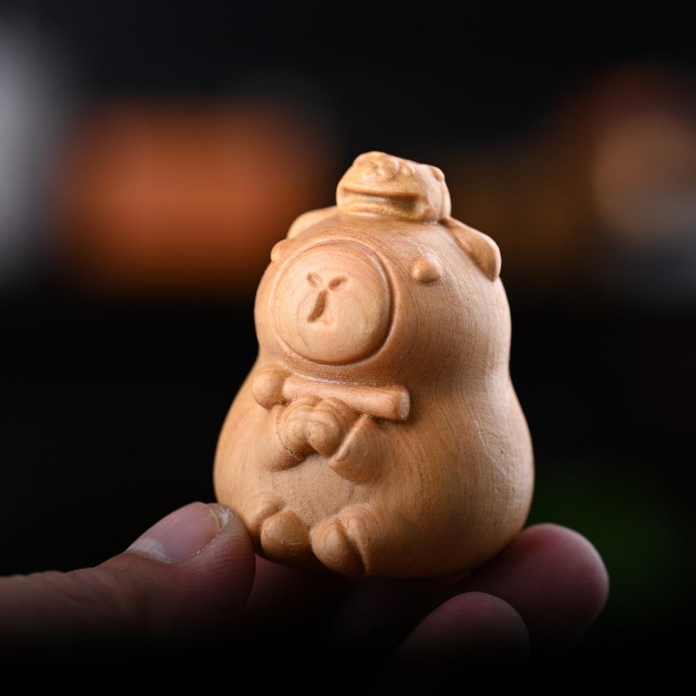 Cute Cartoon Capybara Desktop Figurine Handcrafted with Bell Collar Mini Animal Sculpture Wooden Carved Figurine Home Ornament