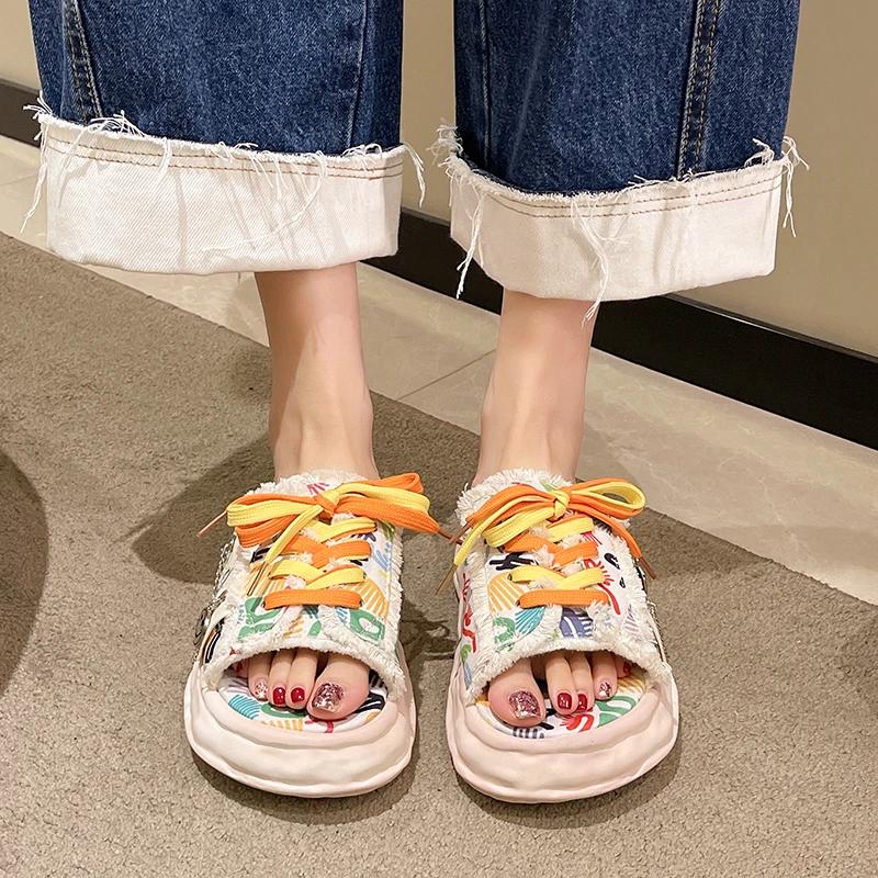 Fashion Design Summer Women Graffiti Slippers Platform Shoes Mules Flip Flops Street Sandals Clogs Flat Casual Shoes for Female