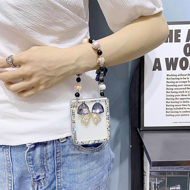 For Samsung Zflip6 Mobile Phone Case Clamshell Folding Screen Transparent Rhinestone Butterfly Ins Light Luxury Beads Portable