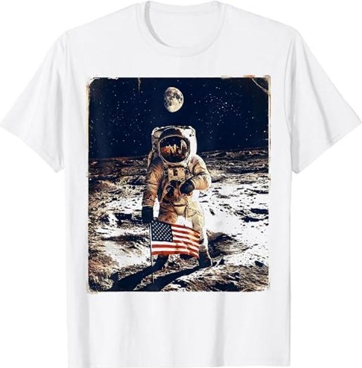 Astronaut American Flag Moon Landing Patriotic T-Shirt