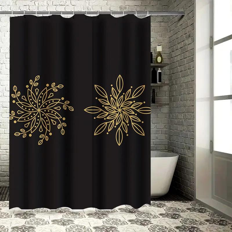 Vintage Gold Leaf Shower Curtain Waterproof Fabric Print Home Decor Bathroom Hanging Shower Curtains for Wet Rooms Black with Fl