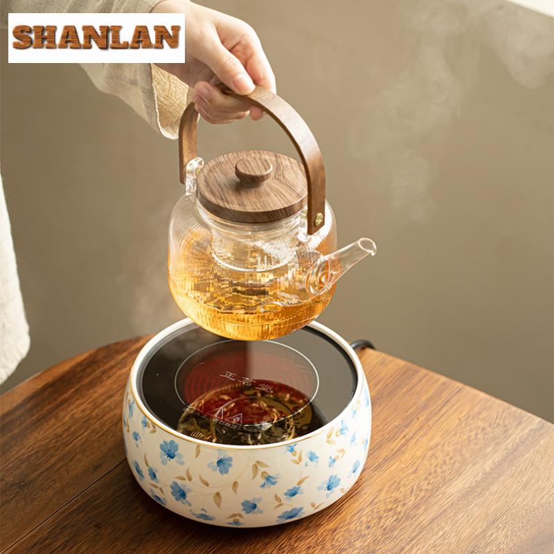 800ml Transparente Glas Teekanne mit Bambushenkel Vertikales Muster Dampf-Teekanne Kochender Wasserkocher Kessel Chinesisches Teegeschirr