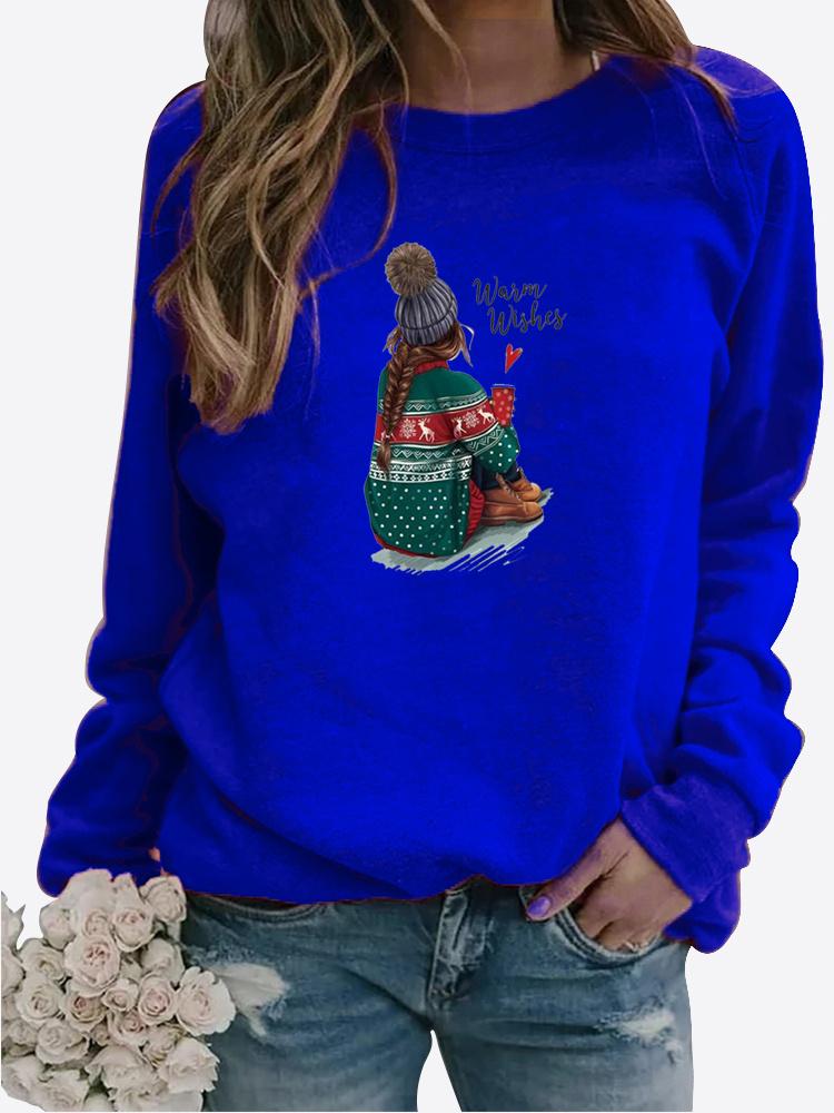 Women Autumn and Winter Clothing Christmas Deer Printed Casual Sweatshirt Long Sleeve Tops T-shirt Ladies Round Neck Pullover Blouse