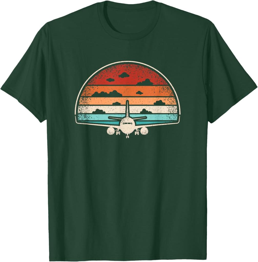 Retro Airplane Sunset Graphic Tee Men's Casual Breathable Cotton T-Shirt Pilot Aviator Flying