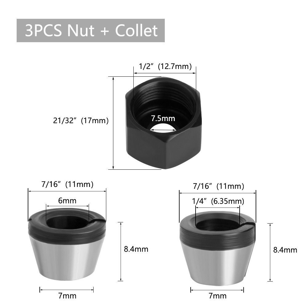 6mm/ 6.35mm/ 8mm Trimmer Collet Adapter Milling Cutter Chuck Trimming Clamp Adapter Router Collet Chuck Replacement Accessories