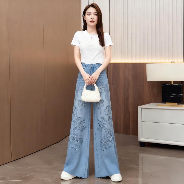 Women's High-Waisted Light Blue Denim Wide-Leg Pants with Rhinestone Embroidery - 2026 Spring/Autumn Chinese Style Slimming Casuals