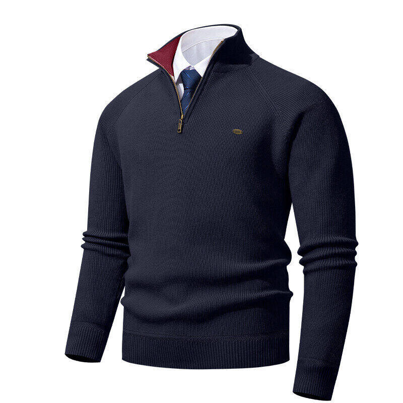 

Мужской свитер на молнии до середины груди из французского рубчика, повседневная одежда XL тёмно-синий