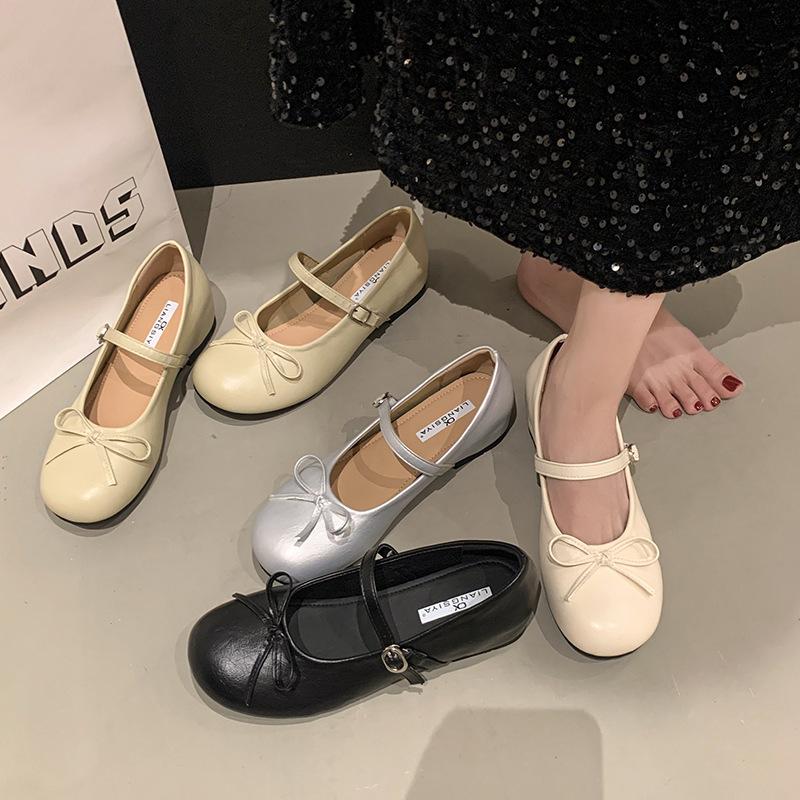 2025 summer shallow mouth milk yellow bag inner height increase bow buckle belt single shoes women round head Mary Jane shoes