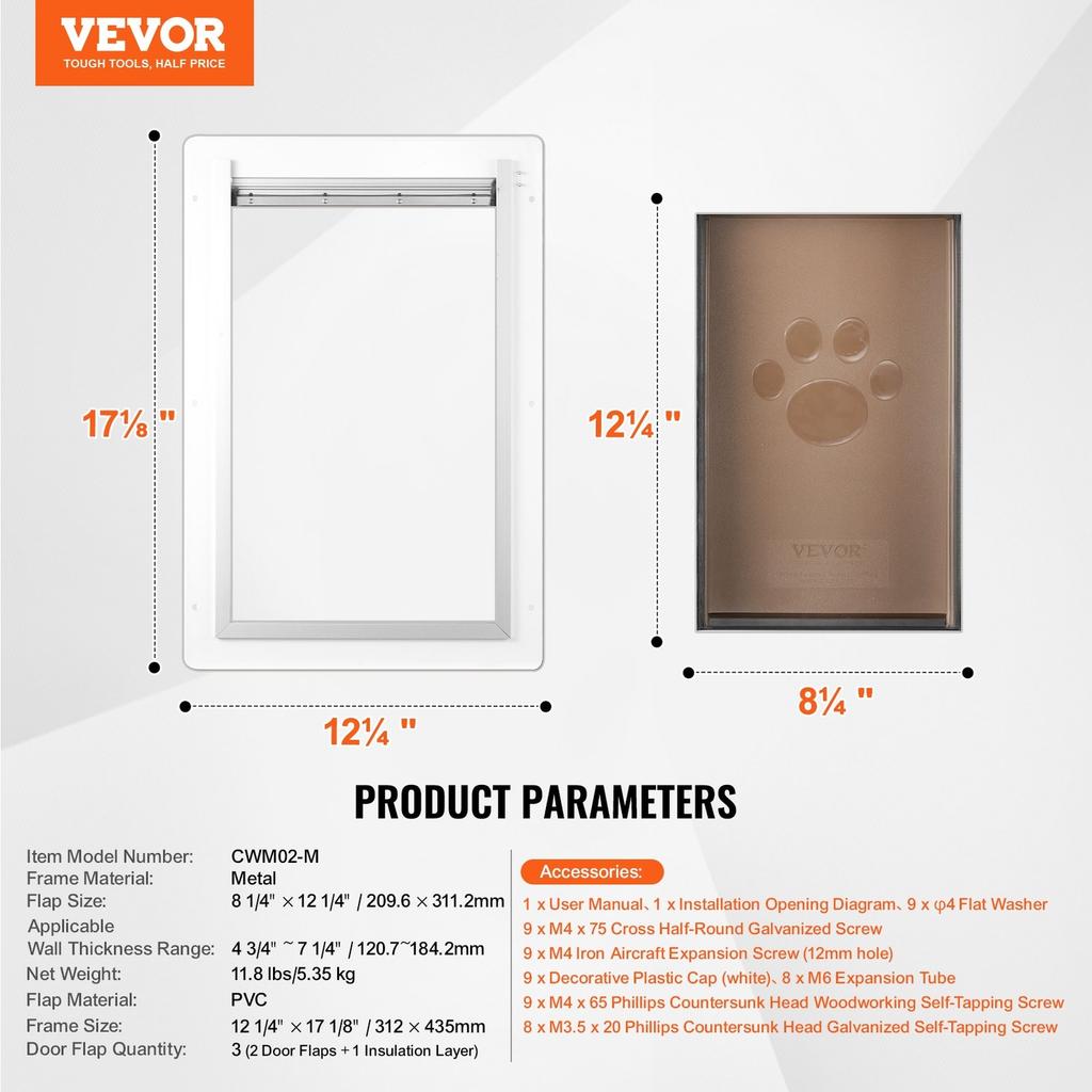 Pet Door for Wall with Lock and 3 Magnetic Flap System Metal Frame Medium