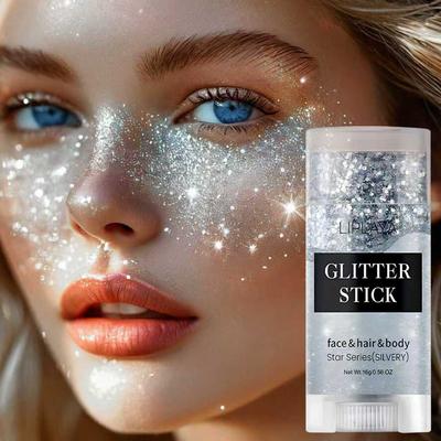 Stříbrné třpytivé tyčinky, Vánoční párty a rave make-up, Dlouhotrvající, Snadno odstranitelné, Perfektní na obličej a vlasy a tělo-16g