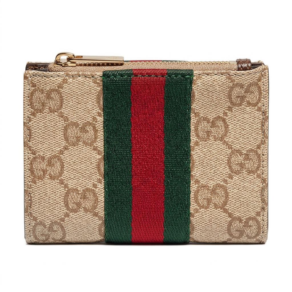 Gucci Web Gold-Tone Hardware Snap Zipper Double Closure Coated Canvas Wallet Small Women wallet Sand Dark-Brown 876045-FAF8R-8547
