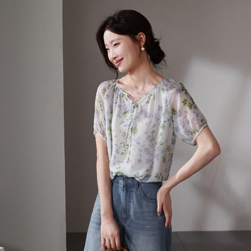 SOFSIL 2026 Summer Mulberry Silk V-Neck Print Short Sleeve Shirt