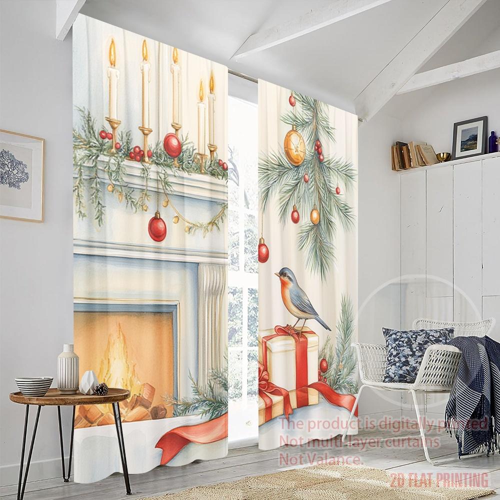 2pcs,2D Plane Printing Print Curtains Christmas Bird Candle Ornament Fireplace Polyester Woven (without Rod) All Seasons Ldeal
