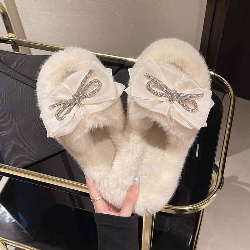 Aphixta 2025 Nouvelles Pantoufles Douces et Chaudes d'Hiver à Fourrure pour Femmes Pantoufles d'Intérieur Chaussures Nœud Papillon en Cristal Décoration Talon Plat Diapositives à Poils