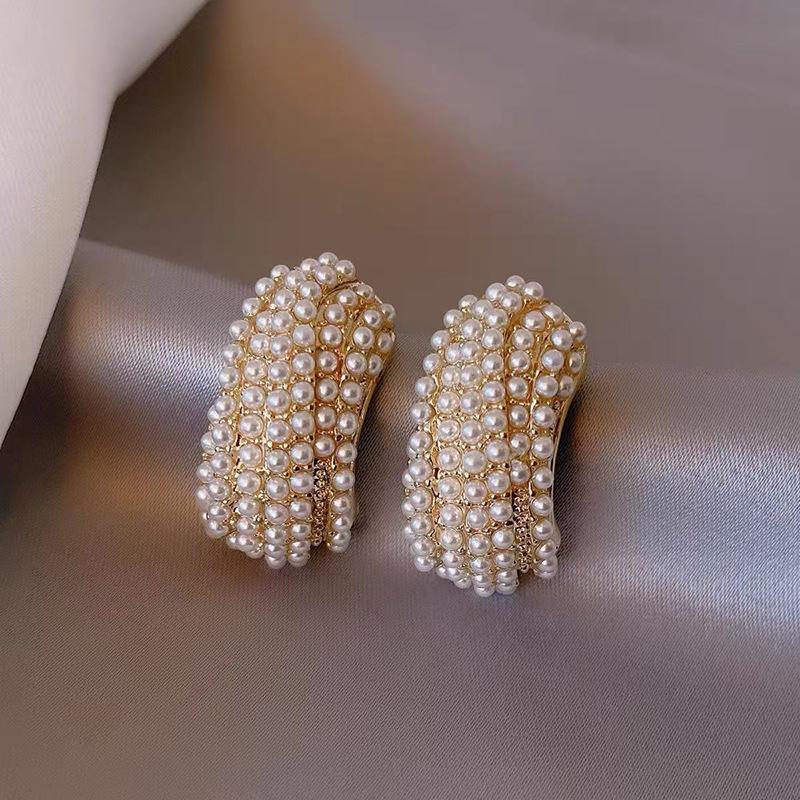 Twisted Pearl C-shaped Women's Stud Earrings Multi-layers Imitation Pearl Beads Small Earrings for Girls Elegant Ear Jewelry