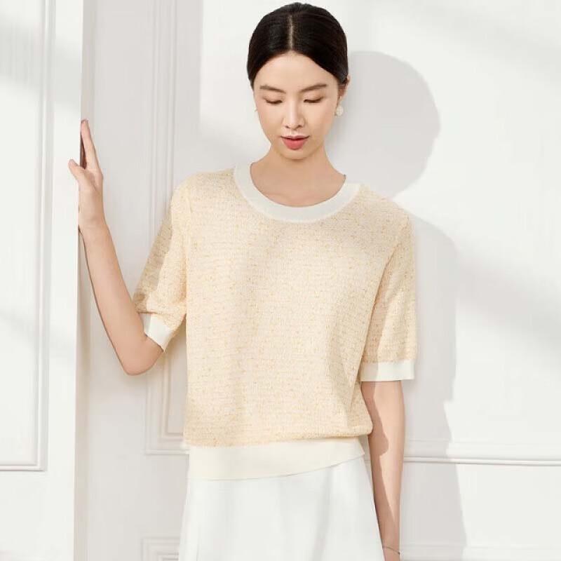 JESSIE Women's Round Neck Tweed Knit Short Sleeve Pullover