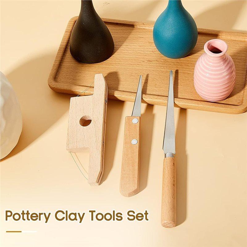 ABBP-Pottery Tools Set -3 Pieces Clay Trimming And Cutting Tools With Wood And Wire Bevel Cutter
