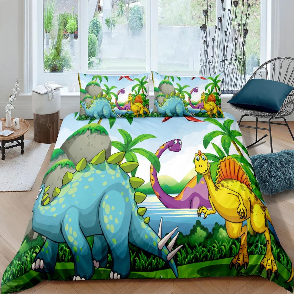 Carton Dinosaur Soft Duvet Cover King Quen Children Kids Jurasic World Stegosaurus Tyranosaurus Beding Set 2/3pcs Polyester Comfortable Quilt Cover