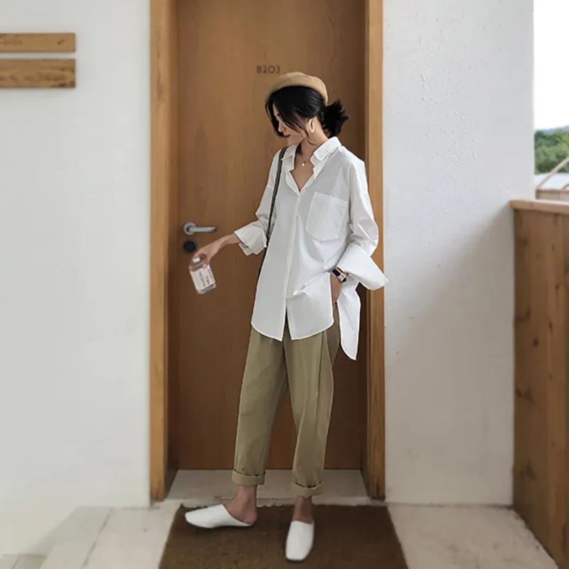 WTEMPO Women White Large Size Shirt Lapel Casual Solid Long Sleeve Buttons Asymmetrical Tops Autumn Loose Commute Shirts