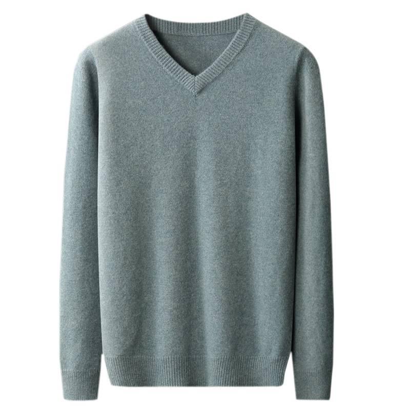 Men's 100% Wool V-Neck Sweater - Solid Color, Loose Fit, Long Sleeve Knitwear