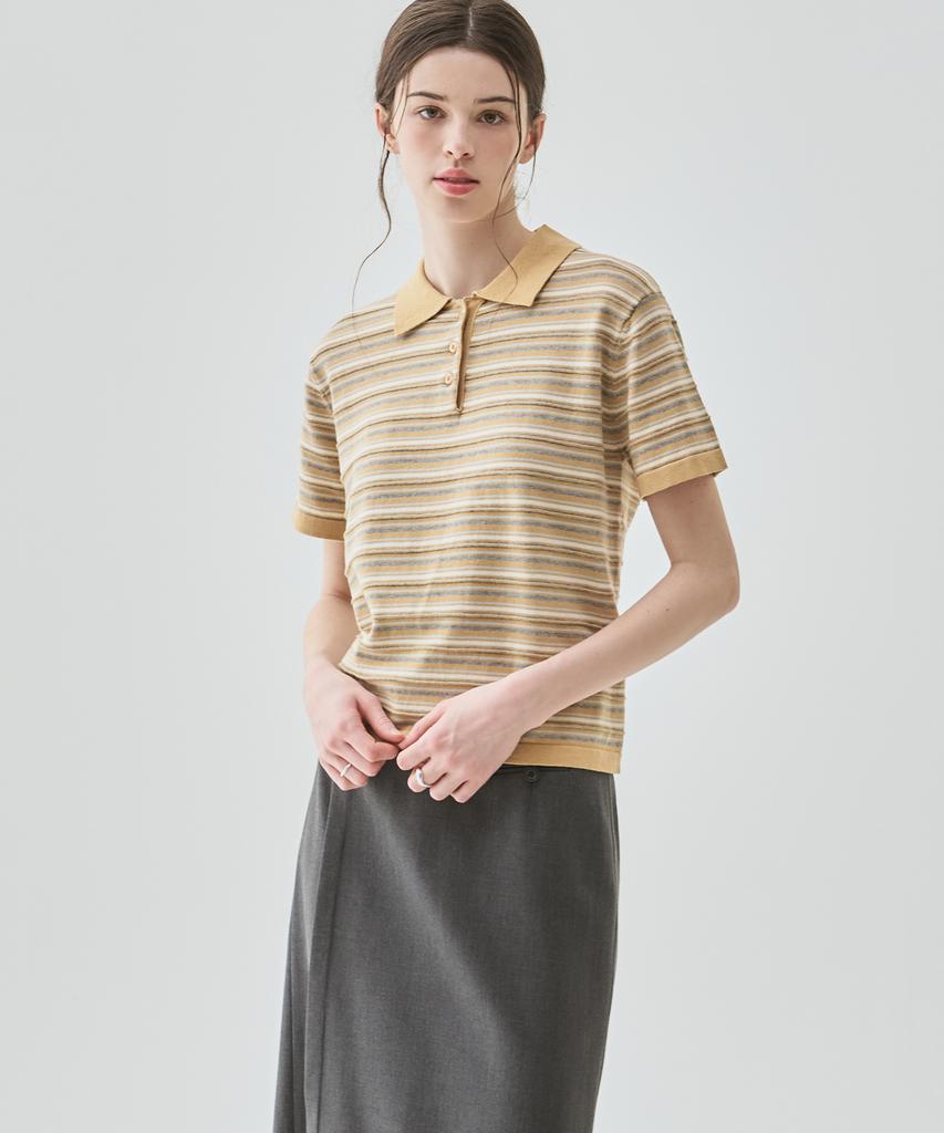 Deuloupisumeon Cotton Striped Short Sleeve Collared Knit [Ivory]