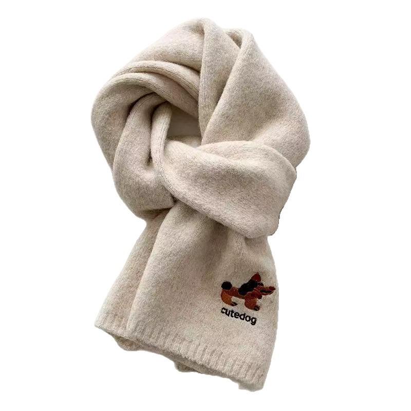 Japanese Cute Puppy Embroidered Knitted Scarf Autumn and Winter Warm and Cold-proof Fashion Versatile High-end Scarf Student