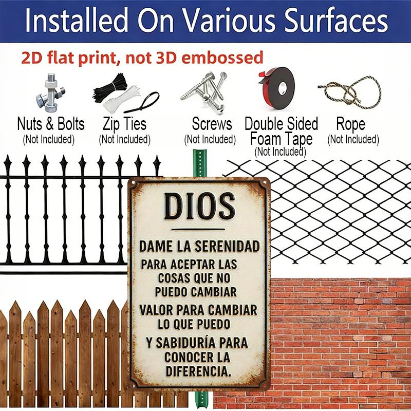 2D Flach, 1 Stück Spanisches Gelassenheitsgebet Metall Hängeschild, 12x8 Zoll (30x20cm) Rustikales Aluminiumschild für Zuhause, Kirche, Café, Bar - Einfach aufzuhängen