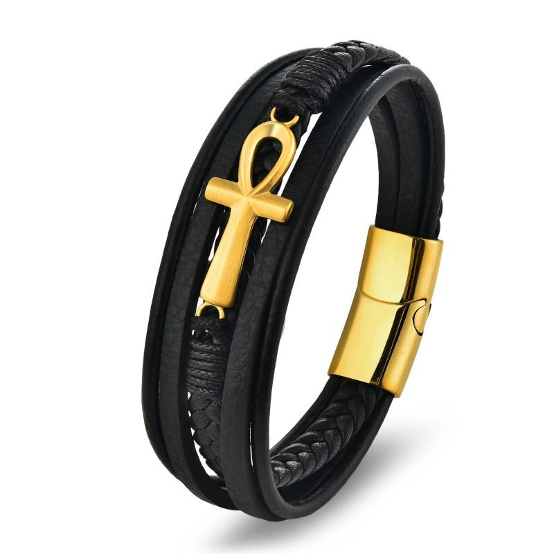 Minimalist Ankh Cross Leather Wrap Bracelet Men Stainless Steel Punk Style Multi-Layer Handmade Wristband