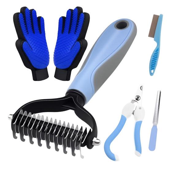 6PCS Pet Care Tools Stainless Steel Grooming Comb Teeth Nail Clippers Pets Nail Trimming 6pcs синий