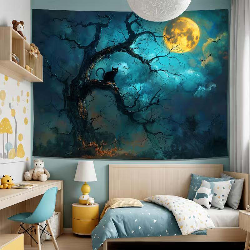 2D Spooky Halloween Black Cat Moon Tapestry Dark Night Forest Wall Decor Cloth for Home & Bedroom
