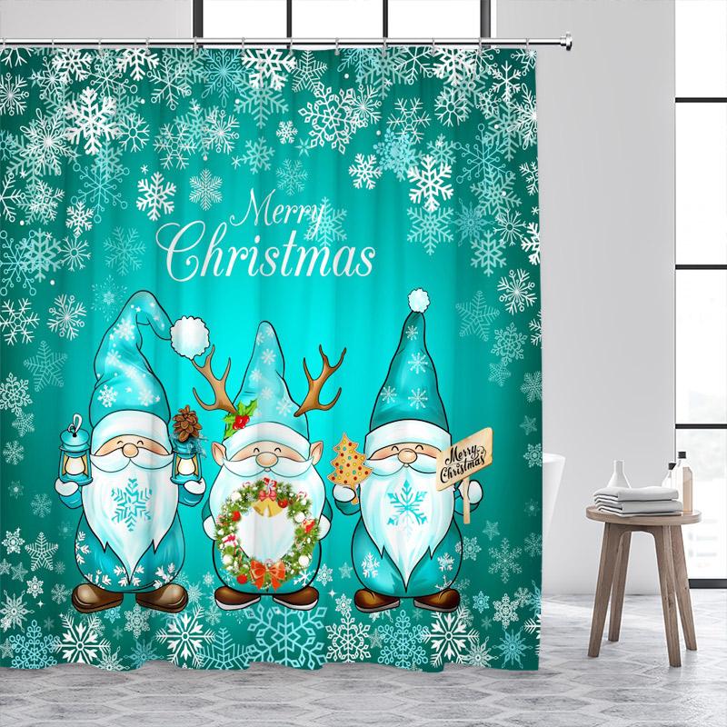 Cartoon Santa Claus Shower Curtains White Snowflake Wreath Blue Christmas Bath Curtain Set Fabric Home Bathroom Decor With Hooks