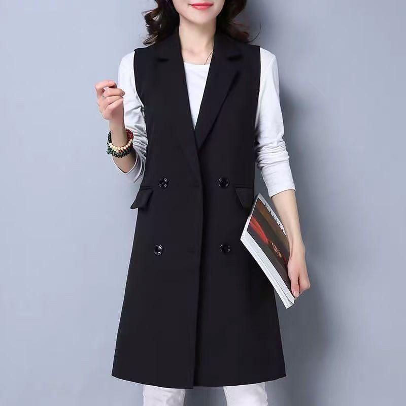 Korean Fashion Women's Sleeveless Blazer Vest - Autumn Casual Loose Long Waistcoat, Solid Color Office Lady Outwear